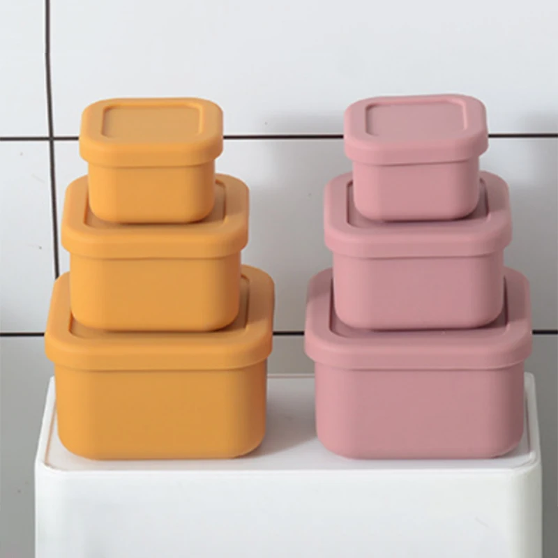 Eco Friendly Leak-proof Dishwasher Silicone 1 Compartment Square Lunch Box Set for Toddler 3 Pcs Blue Silicone Container CN;GUA