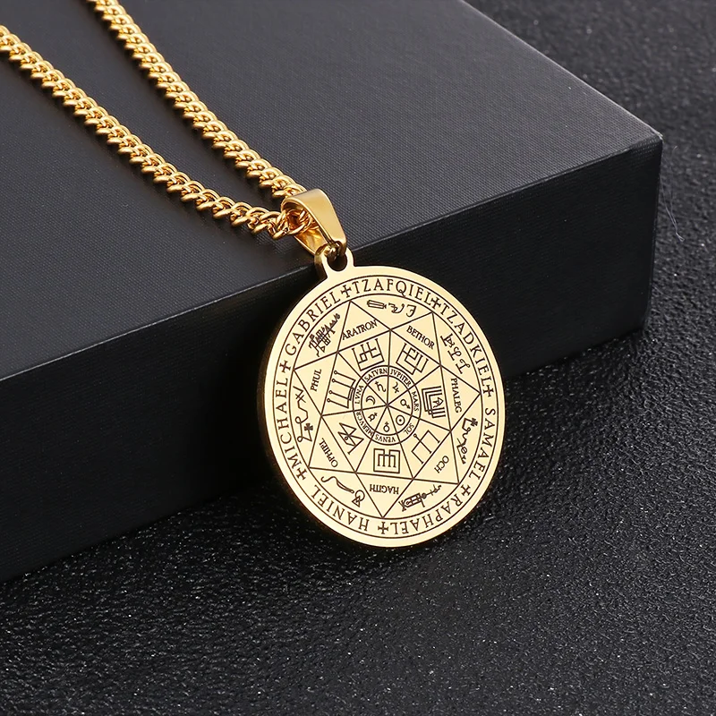 Kalen Unisex Religious Silver/Gold/Black Stainless Steel Circle Pendant with Jewish Hexagram Pattern