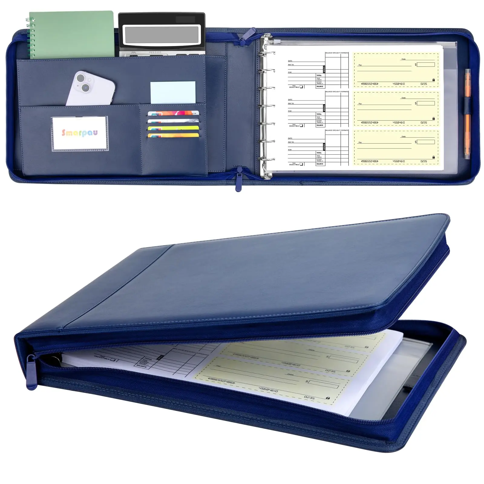 PU leather business storage organizer 3 ring binder folder padfolio portfolio check book checkbook holder with zipper pouch