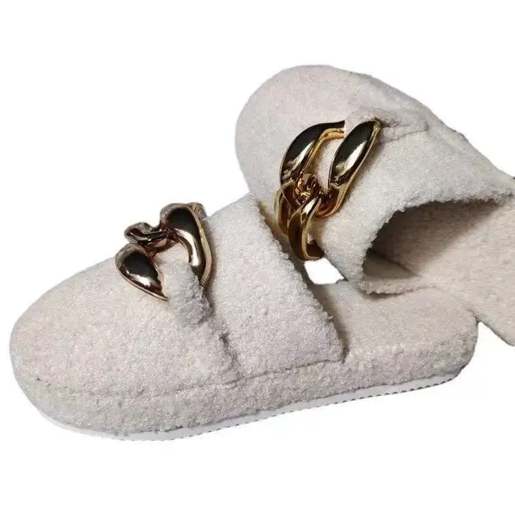 2021 sandals winter new Women Ladies chain Slipper leopard Shoes Furry Fashion Platform Slides Womens Flats Fur Slippers