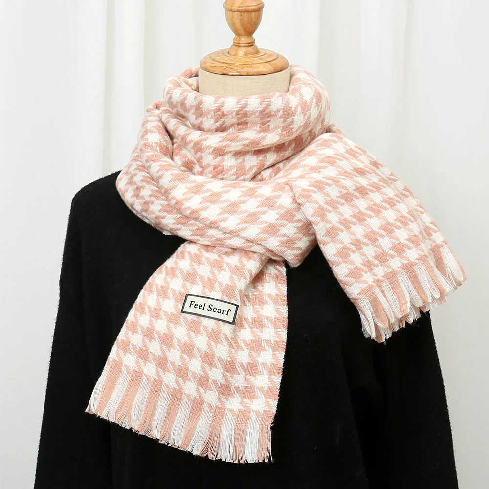 JYL Thick Warm Winter Muslim Scarf Women Cashmere Pashmina Shawl Lady Wrap Tassel Hijab Knitted Houndstooth Foulard Blanket