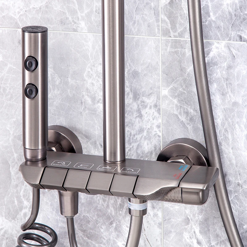 2024 New Design Full Copper Piano Keys Shower Gun Gray Piano Shower Set Modern Hot Selling Brass Body SS 304 Pipe ABS Sprayer