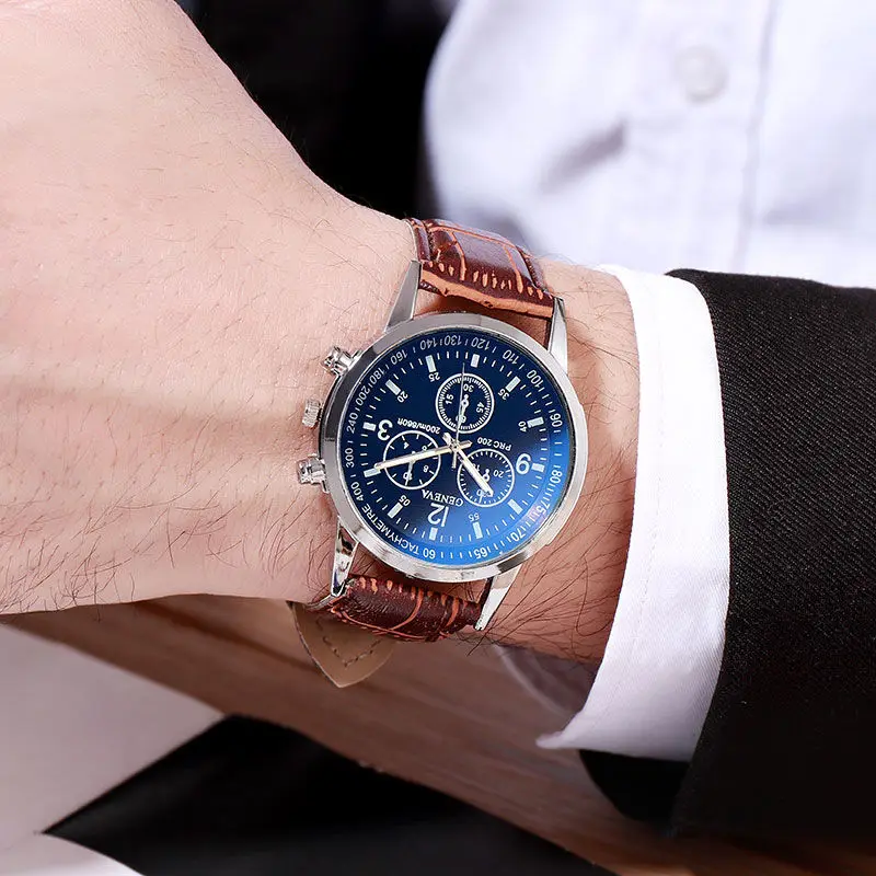 
Luxury Fashion Blue Ray Glass Three-eye Watch Leather Strap Waterproof Quartz Mens Watch for sport 