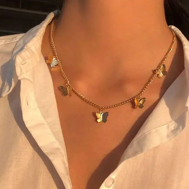 Gold Chain Butterfly Pendant Choker Necklace Women Statement Beach Jewelry Cheap