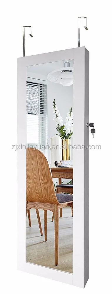 Lockable MDF wood full length hanging jewelry box organizer with mirror