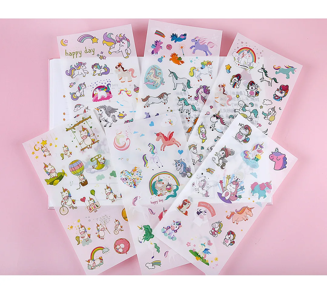 6 pcs in 1 pack Cartoon DIY album decorative stickers Cute fresh creative unicorn PVC decals for kids