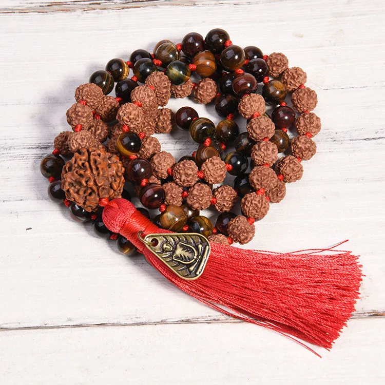 Boho Style Rudraksha Mala Gemstone 7 Chakra Stone Necklace 8Mm108 Mala Beads Necklace Pearl Tassel Necklace
