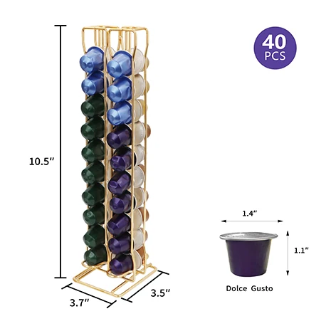 Gold Metal Home Countertop Nespresso Coffee Capsules Carousel Holder with 40PCS Nespresso Capsules
