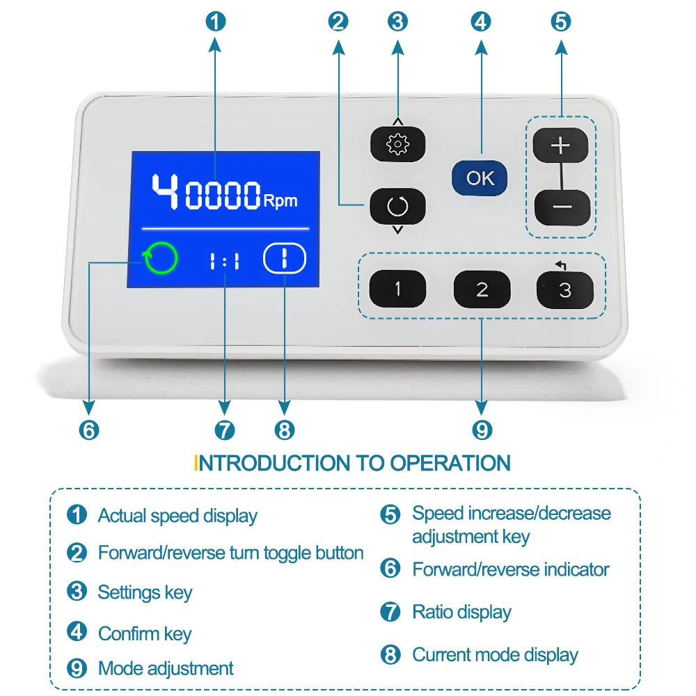 AI-EM-CM8 16:1/1:1/1:1.5 Three Optional Settings LED Dental Electric Brushless Motor Equipment with 2/4 Holes turbine connector