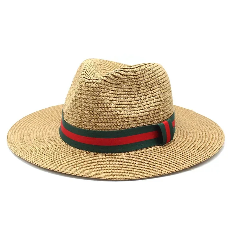 Custom Women Men Summer Sun Shade Hat Green Red Striped Ribbon Decorative Paper Straw Fedora Hat