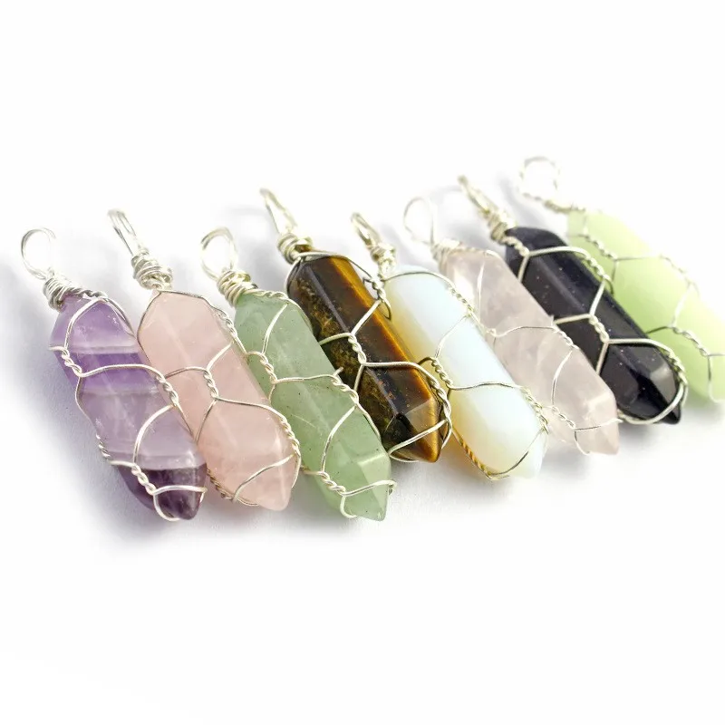 Winding Crystal Hexagon Pendant Natural Stone Winding Crystal Necklace