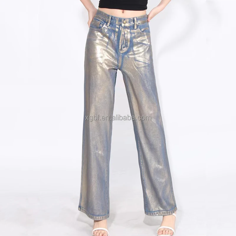 Bufa New Arrival Gold Foil Process Gold Wash Straight Leg Cotton Middle Rise Baggy Coated Jeans For Woman