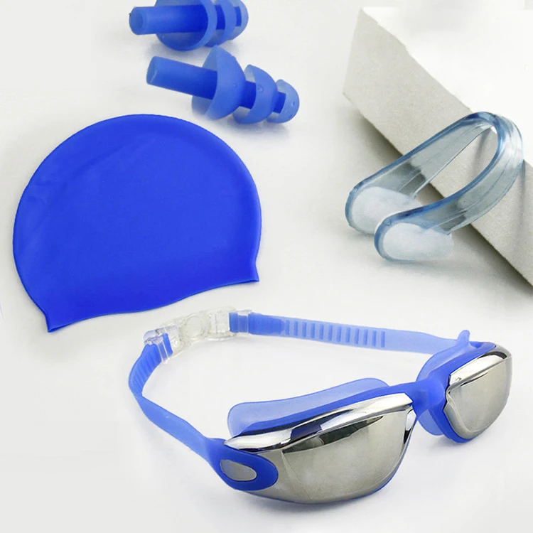 Swimming Suit Set Diving Anti-Fog Goggles Swim Cap Nose Clip Ear Plugs Case Pool Waterproof Swim Glasses For Youth Kids
