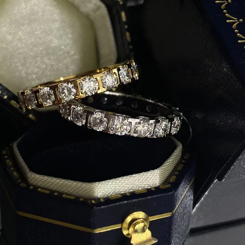 18K Real Gold Round Brilliant Eternity Band 3mm DEF VS Lab Diamond Iced Out Engagement Ring Wedding Band for Couple