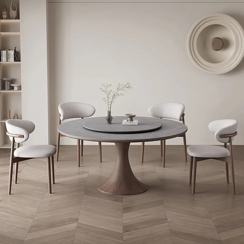 Modern simple solid wood rock plate round table with turntable dining table and chair set walnut color solid wood round table