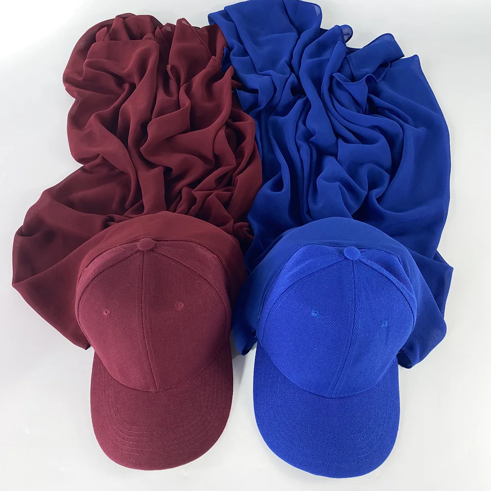 2022 Fashion Ladies Plain Hijabs Sports Hats Sets New Trendy Islamic Muslim Women Instant Long Chiffon Hijab With Baseball hats