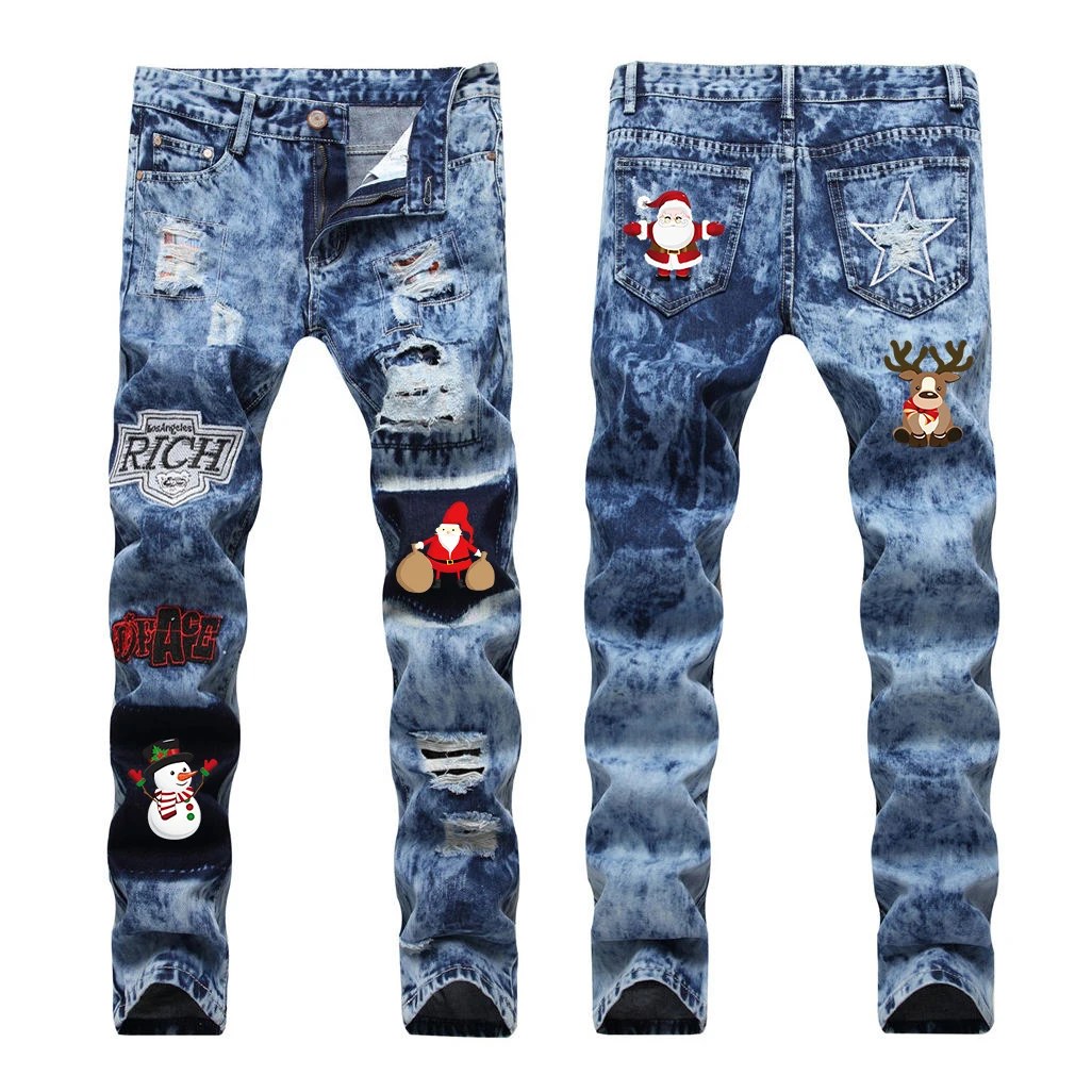 Christmas Custom Logo Men Fashion Denim Jeans Plus Size Breathable Comfortable Slim Jeans Pants For Men