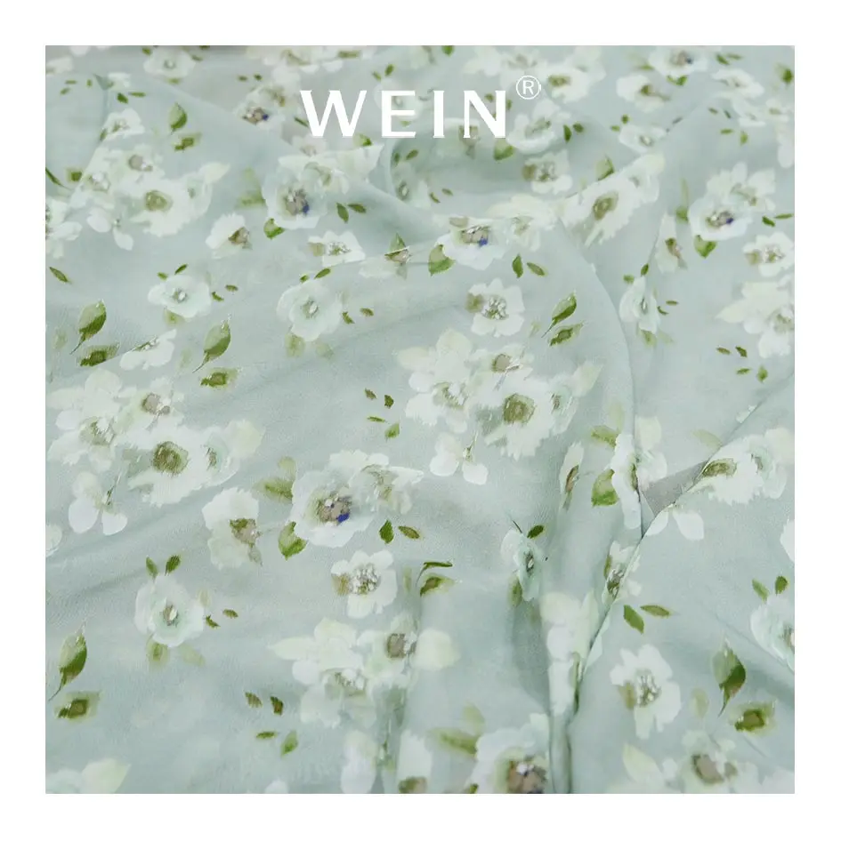 VCS02-SM373 White Petals Chiffon Reactive Printing Fabric 70% Viscose 30% Silk Chiffon Material Fabric for Dress Clothing