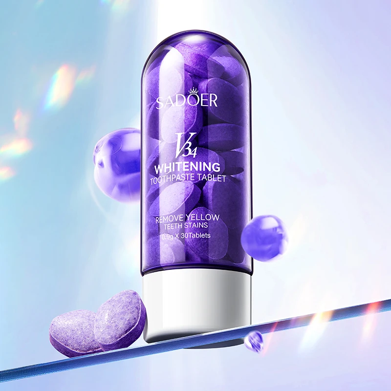OEM Wholesale SADOER V34 Whitening Toothpaste Tablet Natural Remover Teeth Stains Mouthwash Purple Tablets For Teeth Whitening