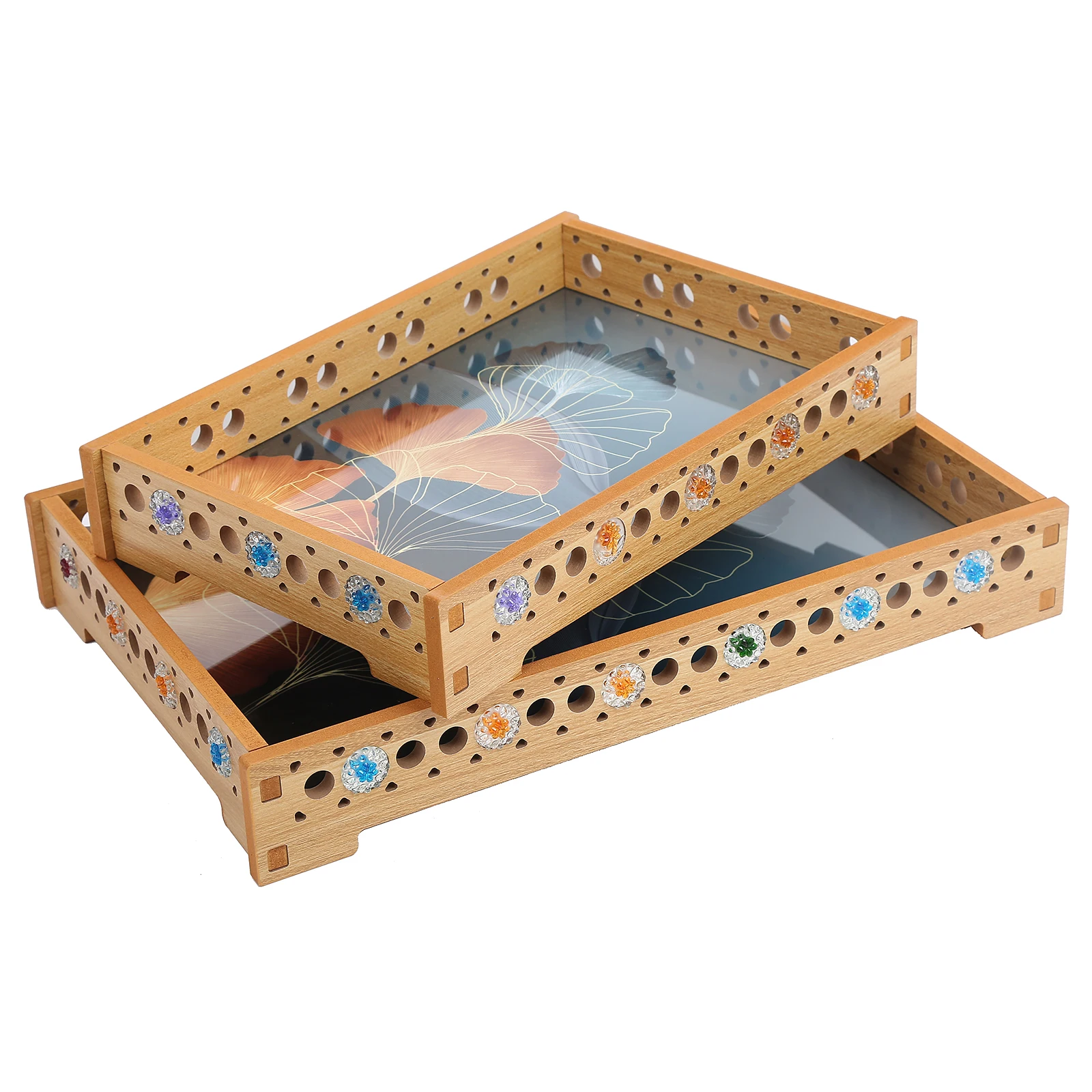 Custom Wholesales Carved Wood Stick Plastic Diamonds Food Tray For Hotel Restaurant Home Serving Tray  With Handle