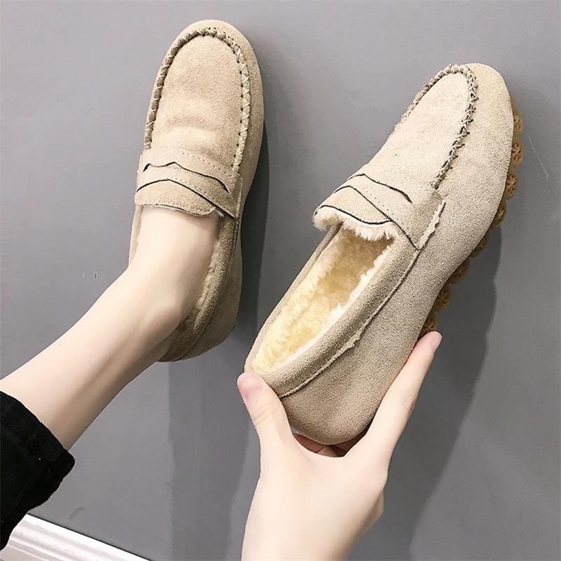 Soft Bottom Oxford Women Flat Shoes Casual Plush Warm Boat Shoe For Winter Office Hospital Work Shoes Loafers