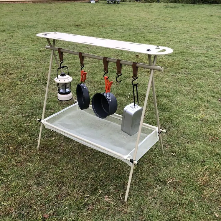 ultralight outdoor camping aluminum alloy tableware cookware rack storage tripod hanger with hood