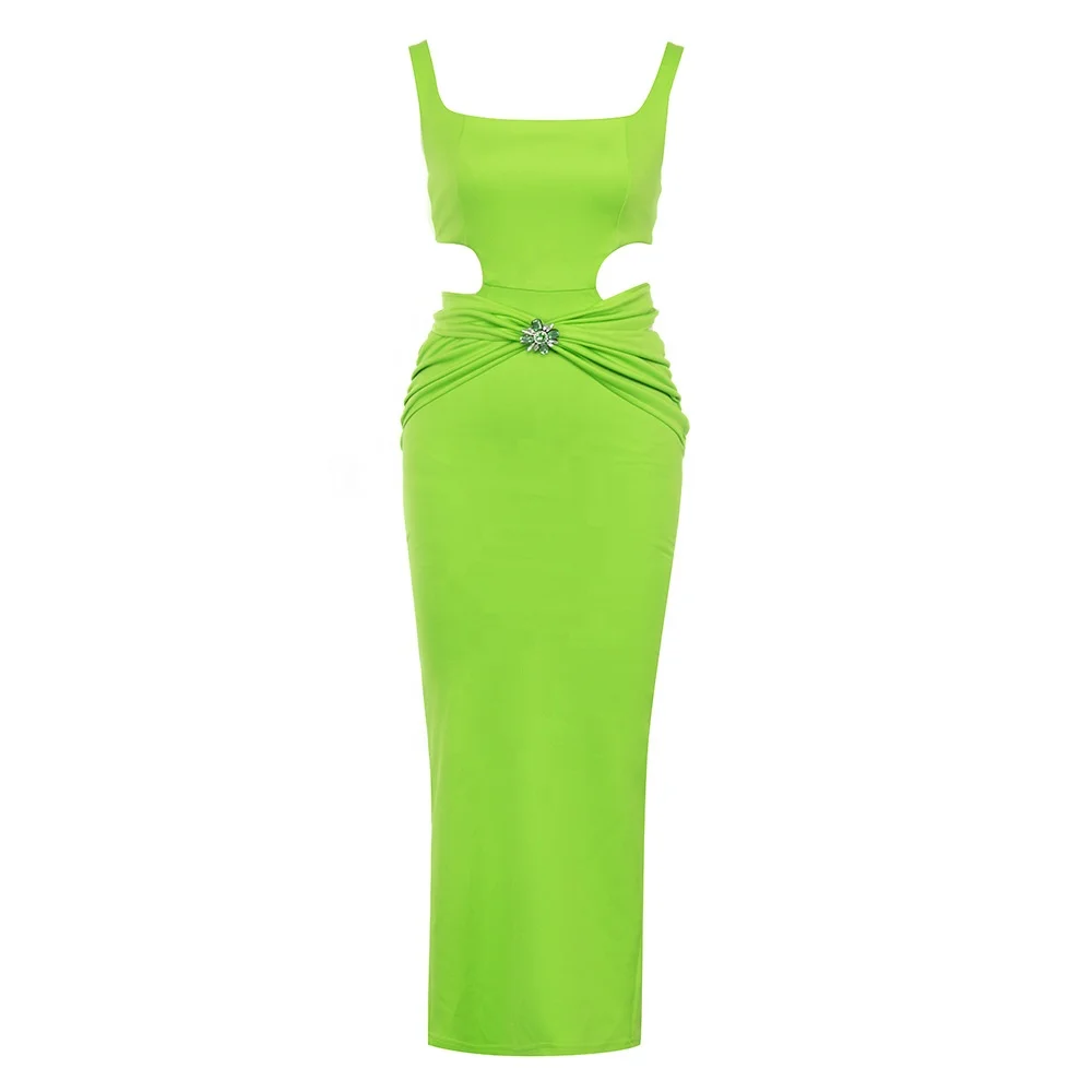 Sexy Sleeveless Waist Hollow Out Long Bandage Dress Women Green Square Collar Straps Backless Bodycon Maxi Party Club Dresses