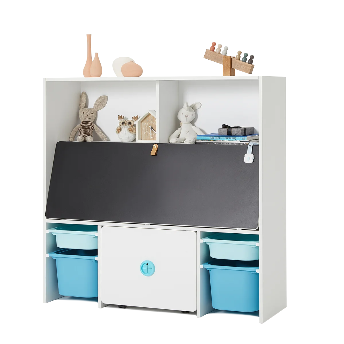 
2M2KIDS Wood Cubbies Multifunction Kids Book Shelf with Blackboard Children Cabinet with Large Storage Area 