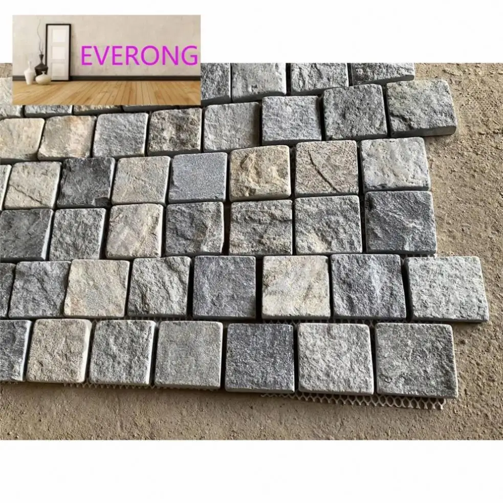 Granite Pavers Driveway Tumbled Cube Natural Stone Mesh Blue Quartzite Cobblestones Mats Sheet Paving Stone Cobblestone