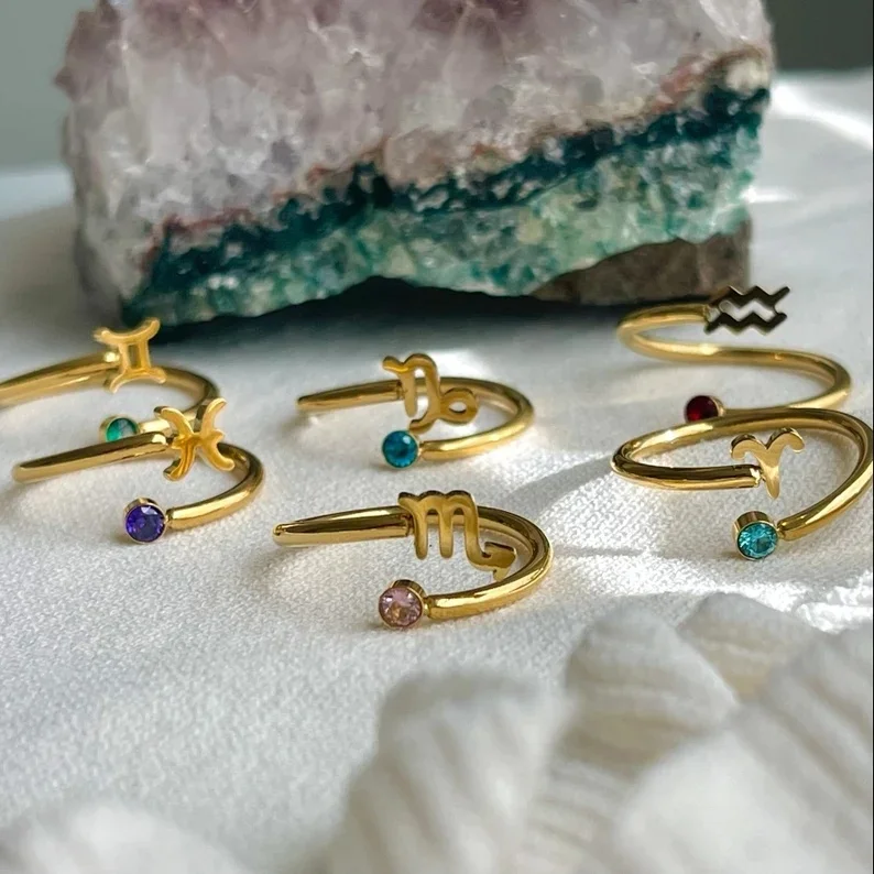 2022 18K Gold Zodiac Sign Birthstone Adjustable 12 Zodiac Sign Ring Astrology Waterproof Personalized Rings Birthday Jewelry