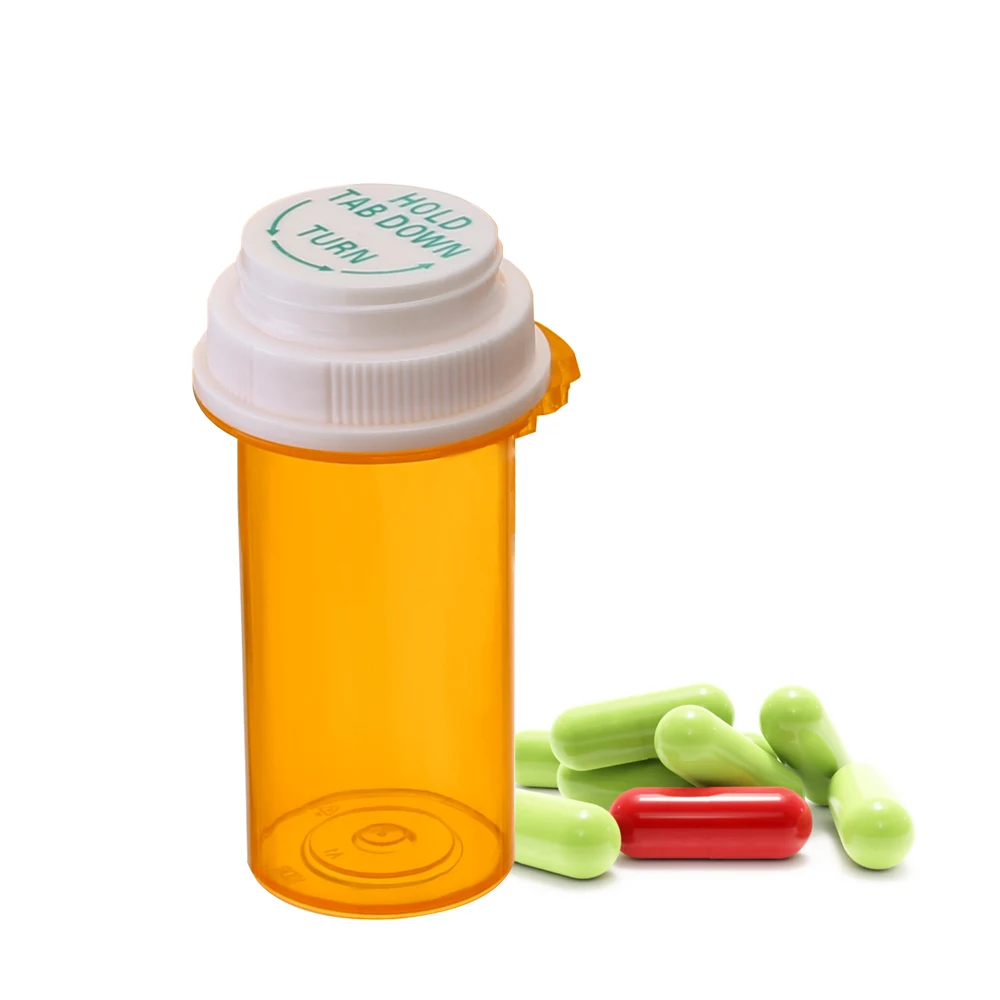 Pharmacy Touch Down Cap Vial Plastic Amber Thumb Tab Vials Reversible Push Down Bottle