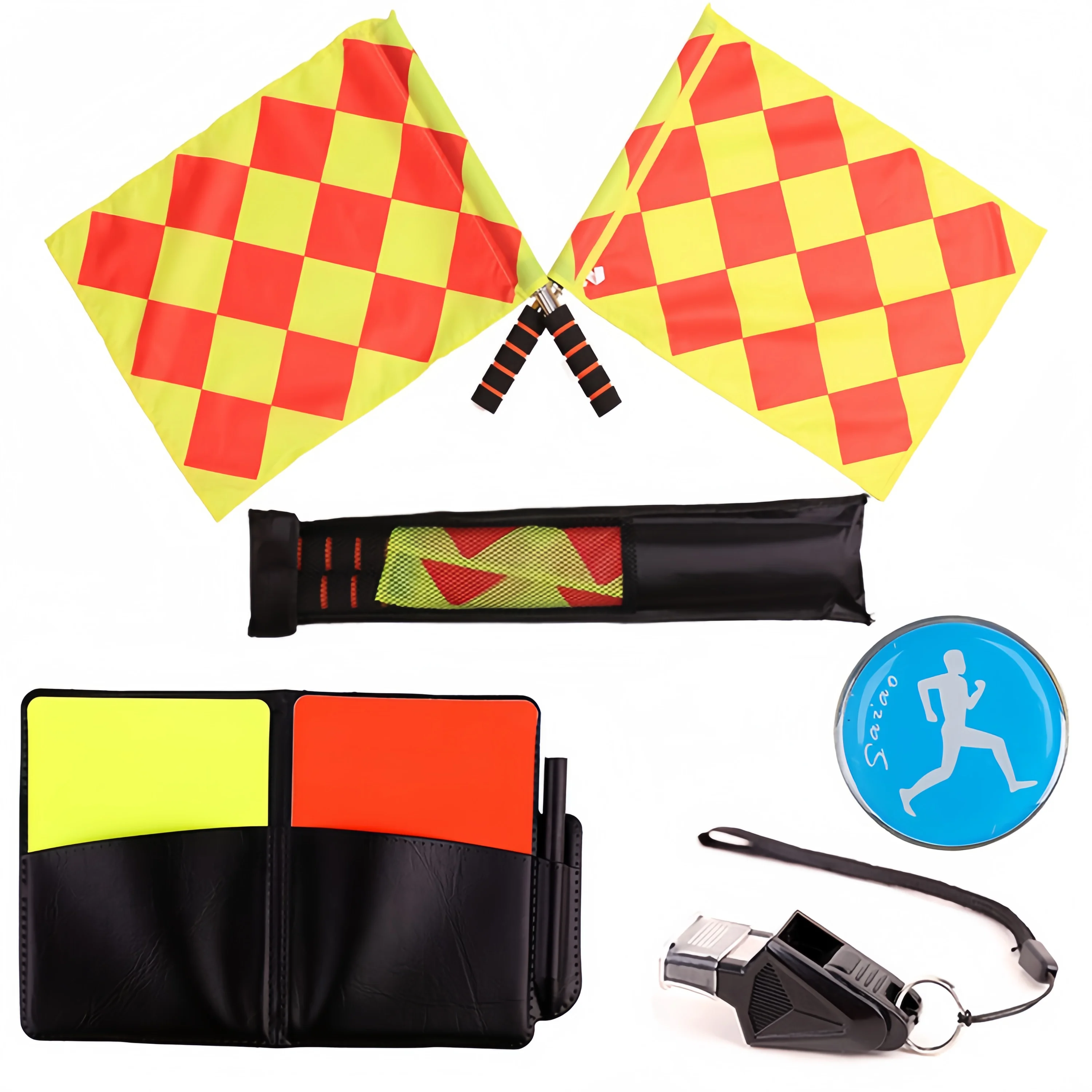 Football match referee supplies equipment linesman flag picker red and yellow card professional mouth guard whistle patrol flag