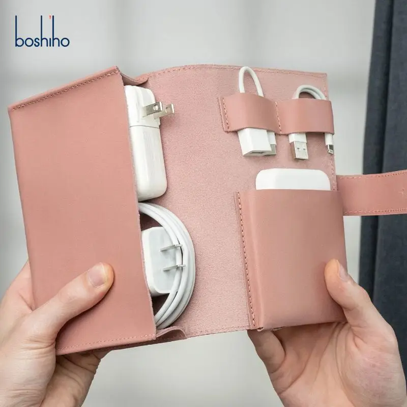 New Leather Wireless Mouse Power Plug Storage Bag Large Capacity Data Cable Leather Bag Portable 3C Digital Accessories Bag