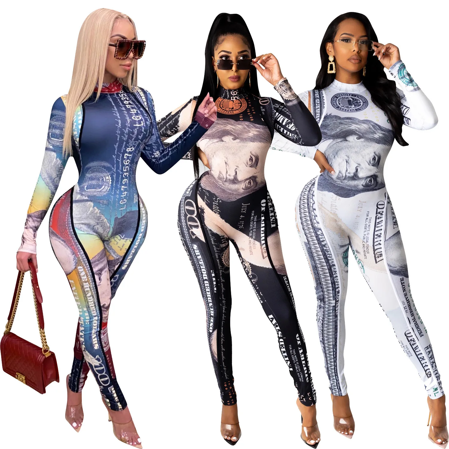 
Spring New Sexy Women Clothes Long Sleeve Money Silk Robe Onesies Ladies 1 piece Money Outfit Dollar Print Jumpsuit For Women 