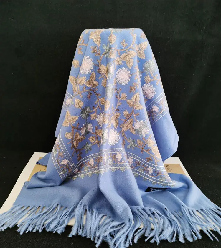 Luxury Ethnic Embroidered Pashmina Shawl Multicolored Hijab with Long Floral Design Fashionable Warm Cashmere Scarf Muslim Women