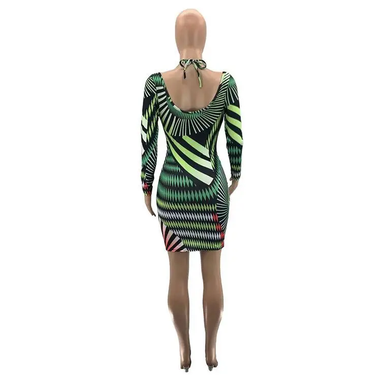 Long Sleeve Nightclub Geometry Print Hot Spring Dresses For Women Sexy Outfits Two Pieces Dress -PT