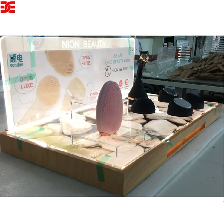 EXCEL Custom Wooden Makeup Tool Countertop Display Rack Acrylic Cosmetic Display Stand with Led