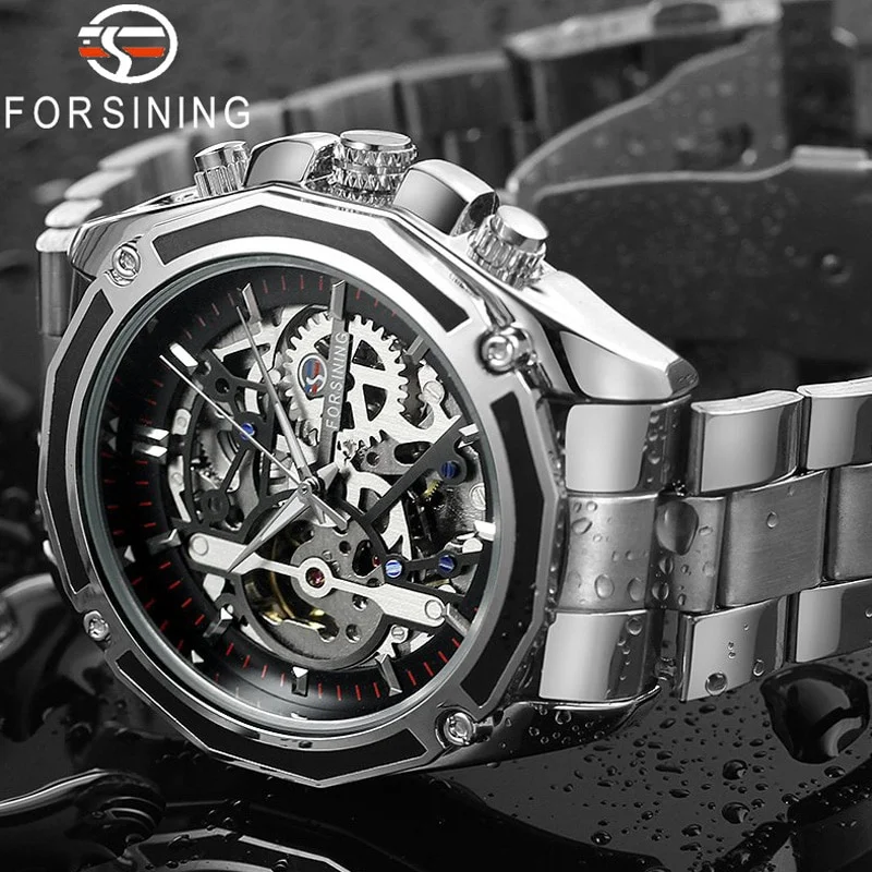 FORSINING Automatic Mechanical Men Wristwatch Military Sport Male Clock Luxury Stainless Steel Skeleton Watch with Gift Box