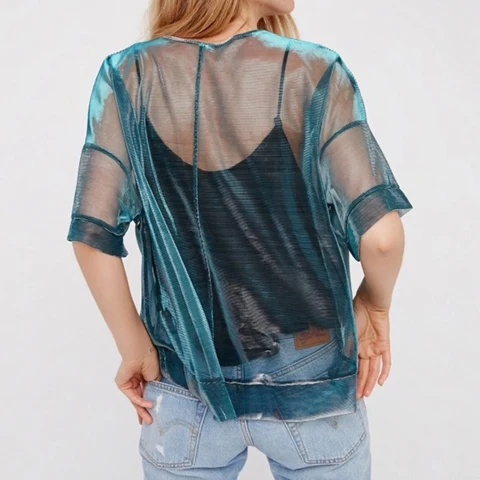 women v-neck half loose sleeve T-shirts transparent mesh up tops sexy street wear solid blue slim sheer casual T-shirts