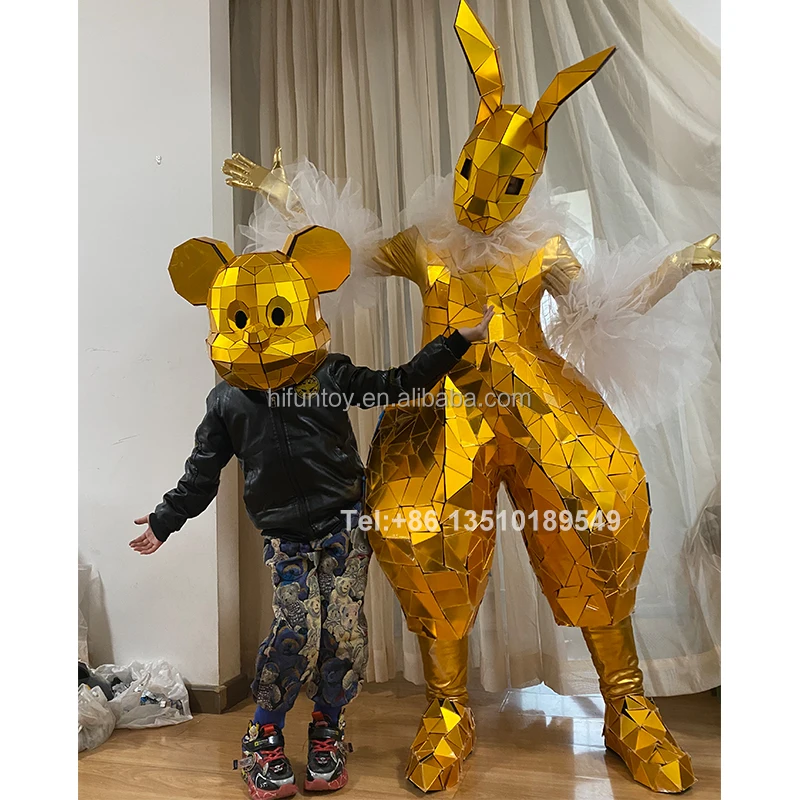 Mirror man bunny costume mickey rabbit bear woman mirrored suit silver gold bull cow animal performance dance props for adult
