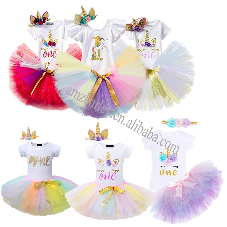 Wholesale Flower 1st First Birthday Outfit Boutique Unicorn Tutu Dress 1 Year Baby Girl Birthday Dresses with Headband 3pcs