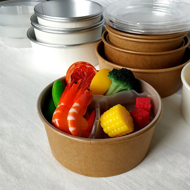 Disposable food grade  waterproof kraft paper bowl with inner plate with clear Lid
