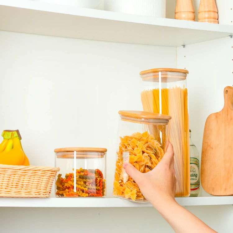 custom high borosilicate glass food storage jars containers bamboo lids kitchen canister with wooden lids set