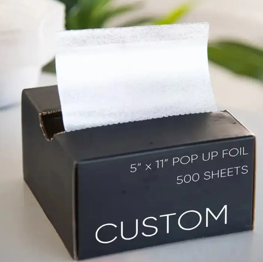 Custom print pre cut hair coloring foils 500 foil sheets 5x10.75 Inch pop up hair foil for hairdressing