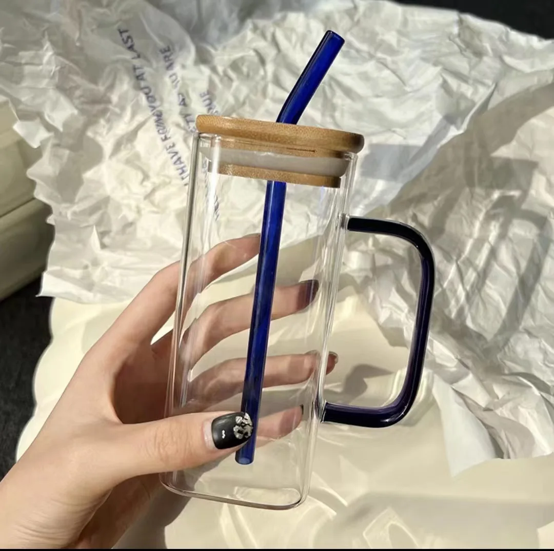 Square glass bottle with handle household high-value straw glass bottle female heat-resistant flat-bottomed heatable bottle