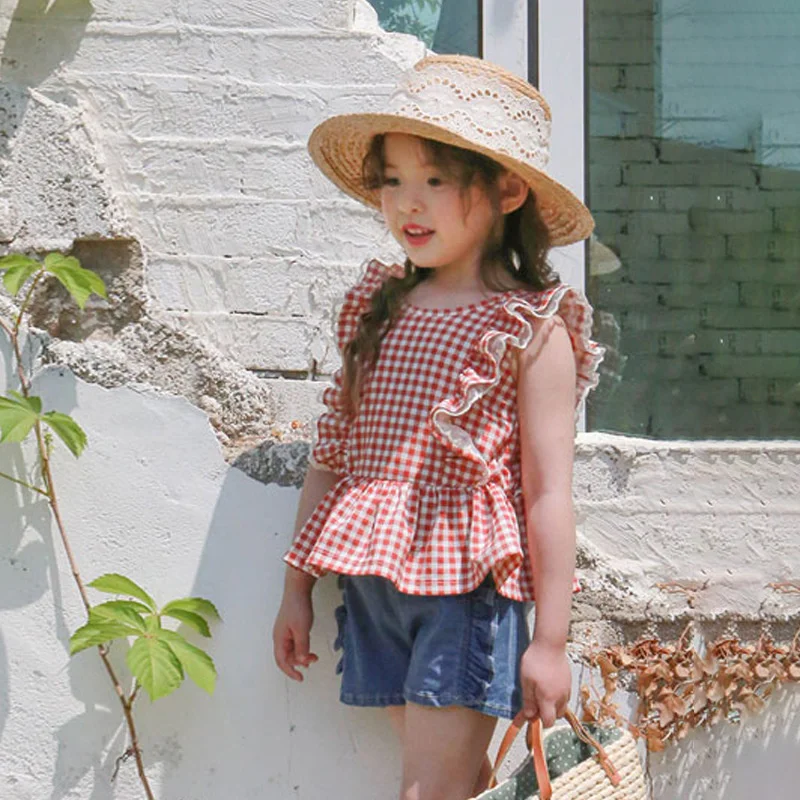 Korean Style Kids Girls Sweet Plaid Shirt Baby Girls Ruffle Sleeve Casual Lace Shirt Girls Top Clothes For Summer