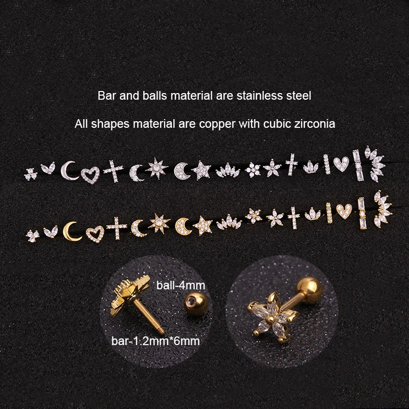 Stainless steel inlaid zircon crown ear screw twisted bead perforated jewelry