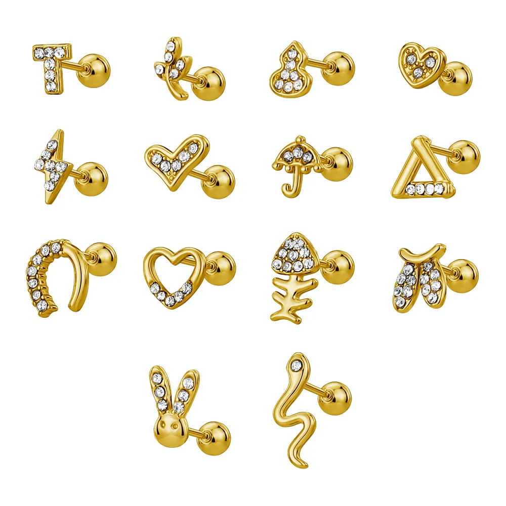 Hot Selling Hip-Hop18K Gold Mini Zircon Stainless Steel Threaded Studs Earrings Cartilage Piercing Jewelry