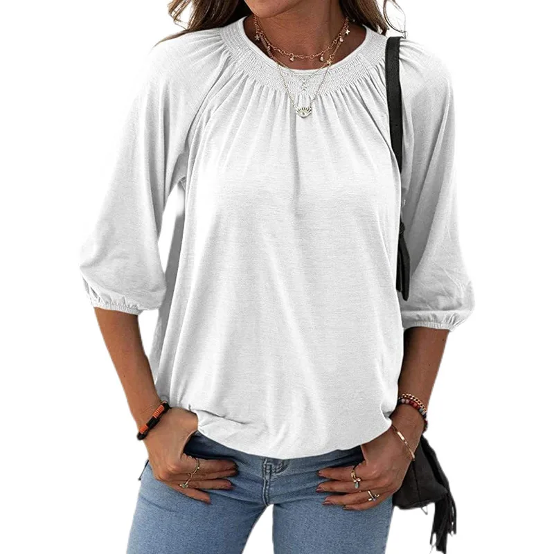 Blouse Women 2021 Shirt Fashion Round Neck Solid  Sleeve Top Ladies Elegant Shirts Casual