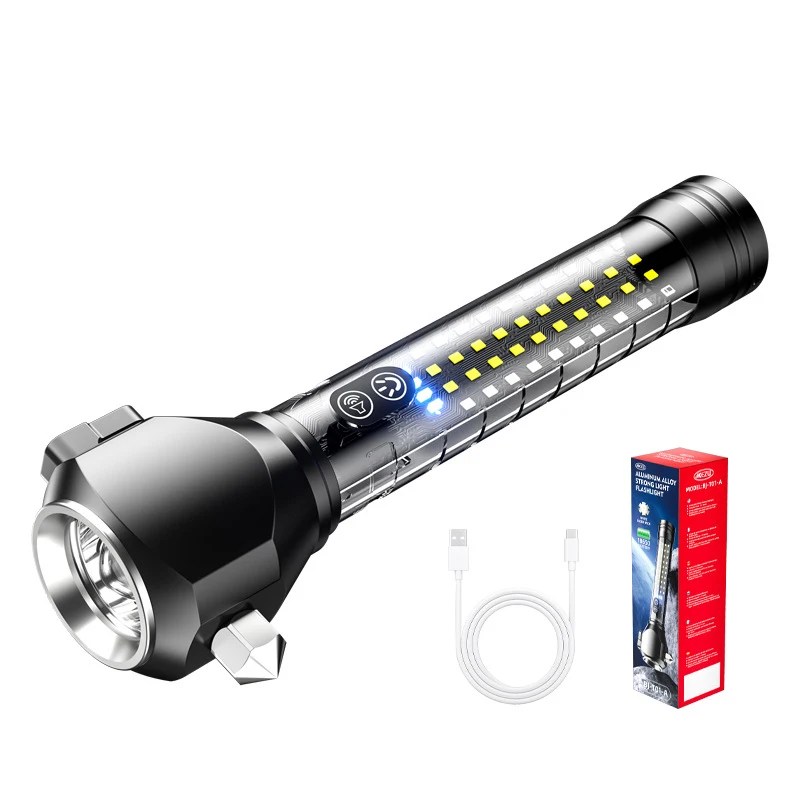 Multi functional car emergency hammer flashlight Beep alarm belt cutter powerful safety hammer torch light